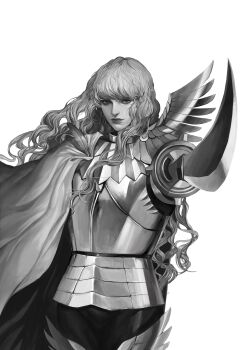 1boy absurdres androgynous armor berserk breastplate chinese_commentary closed_mouth commentary_request cowboy_shot feathers foreshortening greyscale griffith_(berserk) highres holding holding_sword holding_weapon long_hair looking_at_viewer male_focus monochrome nose pants realistic side_cape simple_background solo sword very_long_hair wavy_hair weapon youamo