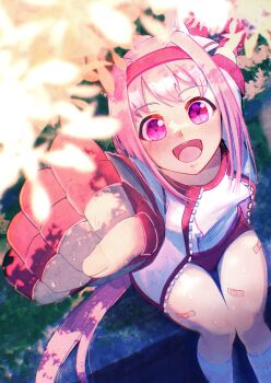 Rule 34 | 1girl, absurdres, animal ears, arm up, bandaid, bandaid on leg, blush, bow, buruma, clenched hand, commentary request, ear bow, ear covers, fingerless gloves, flower-shaped pupils, flower in eye, gloves, gumvafqf8cwwtha, haru urara (bestest prize) (umamusume), haru urara (umamusume), headband, highres, horse ears, horse girl, horse tail, jacket, long hair, open mouth, pink buruma, pink eyes, pink hair, pink headband, ponytail, red buruma, red gloves, red headband, shirt, sitting, smile, socks, solo, striped clothes, striped socks, symbol-shaped pupils, symbol in eye, tail, umamusume, white jacket, white shirt