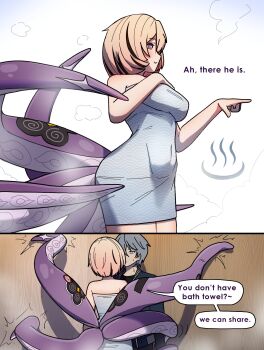 1boy 1girl absurdres bathhouse bathrobe black_hair blonde_hair blue_jacket breasts dialogue_box dorahdew flustered highres jacket large_breasts monster_girl multicolored_hair pulling purple_eyes scylla steam streaked_hair tentacle_girl tentacles white_background white_hair wise_(zenless_zone_zero) wooden_wall yidhari_murphy zenless_zone_zero