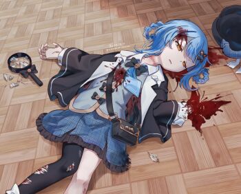 1girl amputee artist_name black_bag black_hat black_pantyhose blood blood_on_clothes blood_on_face blood_on_ground blood_splatter blue_hair blue_skirt braid braided_hair_rings broken_glass bug butterfly commentary_request corpse dated death empty_eyes frilled_skirt frills from_above glass grey_vest gunshot_wound guro hair_rings haruno_under hat highres insect long_sleeves lying mahou_shoujo_no_majo_saiban miniskirt on_back on_ground open_mouth pantyhose pleated_skirt red_butterfly rope_mark_on_neck rope_marks short_hair single_leg_pantyhose skirt solo tachibana_sherry unworn_hat unworn_headwear vest yellow_eyes