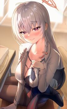 1girl bag black_bra black_pantyhose black_wings blue_archive blush bra braid breasts chair cleavage commentary_request demon_wings grey_hair halo haruna_(blue_archive) highres lace lace_bra large_breasts long_hair looking_at_viewer night_known open_clothes open_shirt pantyhose red_eyes red_halo shirt single_wing sitting smile solo table underwear white_shirt wings