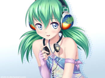 1girl artist_request blue_eyes character_request copyright_request green_hair headphones looking_at_viewer non-web_source open_mouth shirt short_hair short_twintails simple_background smile solo source_request twintails upper_body