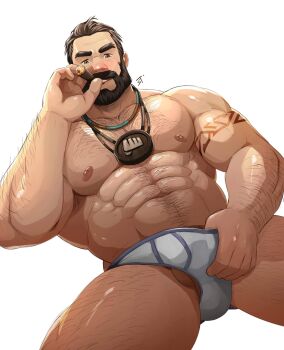 1boy abs arm_hair arm_tattoo bara beard black_hair bulge chest_hair cigar connected_beard facial_hair graves_(league_of_legends) hair_slicked_back hairy highres jewelry jojiart large_pectorals league_of_legends leg_hair looking_at_viewer lying male_focus male_underwear male_underwear_pull mature_male muscular muscular_male navel navel_hair necklace nipples on_back pectorals seductive_smile shiny_skin short_hair smile smoking solo spread_legs stomach strongman_waist tattoo testicle_peek testicles thick_eyebrows thick_thighs thighs topless_male underwear v-shaped_eyebrows white_male_underwear