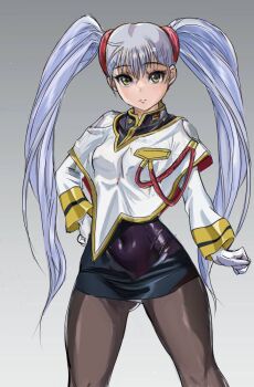 Rule 34 | 1girl, black pantyhose, capelet, commentary request, covered navel, cropped legs, expressionless, gluteal fold, gradient background, grey background, highres, hoshino ruri, hoshino ruri (captain), huo ji wu, kidou senkan nadesico, long hair, looking at viewer, miniskirt, oekaki, pantyhose, sketch, skirt, solo, standing, twintails, white capelet, white hair, yellow eyes