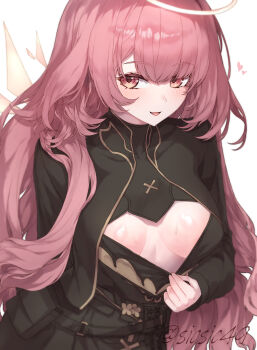 1girl angel arknights black_dress breasts commentary_request detached_wings dress halo heart highres lemuen_(arknights) long_hair looking_at_viewer medium_breasts pink_eyes pink_hair sicsic49 simple_background smile solo teasing twitter_username very_long_hair white_background wings