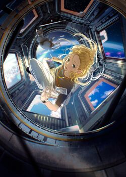 1girl above_clouds absurdres aqua_eyes black_cat black_shirt blonde_hair cat cloud drawing_tablet earth_(planet) forehead full_body high_ponytail highres holding holding_drawing_tablet holding_tablet_pc id_card indoors maeda_mic open_mouth original pants planet ponytail shirt sky solo star_(sky) starry_sky sunlight t-shirt tablet_pc watch white_pants wristwatch zero_gravity