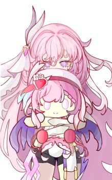 Rule 34 | 1girl, absurdres, black shorts, character doll, chinese commentary, commentary request, doll, elysia (herrscher of human: ego) (honkai impact), elysia (hi love elf) (honkai impact), elysia (honkai impact), hair ornament, highres, holding, holding stuffed toy, honkai (series), honkai impact 3rd, lishang81060, looking at viewer, pink hair, purple eyes, shorts, simple background, solo, stuffed animal, stuffed toy, white background, white hair