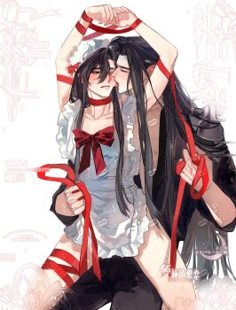 Rule 34 | 2boys, ahoge, alternate costume, alternate hairstyle, apron, arms up, bdsm, bishounen, black hair, black jacket, black pants, blush, bondage, bound, bound arms, bound wrists, bow, closed eyes, commentary, commission, contemporary, couple, cream, cream on face, crossdressing, crossdressing (mtf), ear blush, english commentary, food, food on face, frilled apron, frills, hair down, headband, highres, holding, holding ribbon, jacket, lan wangji, licking, licking another's face, long hair, looking at another, maid, maid apron, maid headdress, male focus, modao zushi, multiple boys, naked apron, one eye closed, pants, parted lips, red bow, red eyes, red ribbon, ribbon, ribbon bondage, second-party source, sidelocks, sitting, sitting on lap, sitting on person, sleeves rolled up, tongue, tongue out, trap, very long hair, watermark, watermark grid, wei wuxian, white background, white headband, xue ding ka fei du wei, yaoi