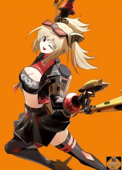 Rule 34 | 1girl, black jacket, black skirt, black thighhighs, black tube top, blonde hair, breasts, burnice white, cleavage, commentary request, crop top, eyewear on head, fingerless gloves, flamethrower, gloves, holding, holding flamethrower, holding weapon, jacket, large breasts, looking at viewer, one eye closed, open mouth, orange background, propane tank, red-tinted eyewear, red eyes, simple background, skirt, smile, solo, spiked belt, spiked jacket, strapless, sunglasses, thighhighs, tinted eyewear, tube top, twintails, weapon, zenless zone zero, zeroartwo