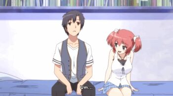 1boy 1girl 2010s animated animated_gif breast_press breasts daitoshokan_no_hitsujikai flirting kodachi_nagi red_hair twintails