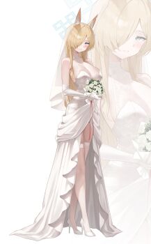 1girl absurdres alter_(kxk7357) alternate_costume animal_ears bare_shoulders blonde_hair blue_archive blue_eyes blue_halo bouquet breasts bridal_veil cleavage commentary_request dog_ears dress elbow_gloves flower full_body gloves hair_over_shoulder halo high_heels highres holding holding_bouquet kanna_(blue_archive) large_breasts long_hair looking_at_viewer parted_lips see-through_cleavage see-through_clothes shoes standing strapless strapless_dress thighhighs veil very_long_hair white_background white_dress white_flower white_gloves white_shoes white_thighhighs white_veil zoom_layer