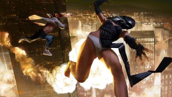 1boy 1girl apron artist_name barefoot black_apron black_gloves blood blood_on_clothes blood_on_face blue_pants bomb bomb_devil_(chainsaw_man) building chainsaw chainsaw_man denji_(chainsaw_man) dynamite explosion explosive falling fire gloves grenade_pin highres javi_martinez object_head open_clothes open_shirt outstretched_arm panties pants pull_cord reze_(chainsaw_man) sharp_teeth shirt shoes sparkle teeth underwear white_panties white_shirt white_shoes