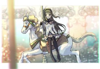 Rule 34 | 1girl, akemi homura, akemi homura (magical girl), argyle clothes, argyle pantyhose, asukaru (magika ru), black boots, black eyes, black hair, black hairband, black pantyhose, blush, boots, bow, bowtie, carousel, closed mouth, dated, expressionless, frilled skirt, frills, full body, hair bow, hairband, highres, horse, jacket, long hair, long sleeves, looking at viewer, magical girl, mahou shoujo madoka magica, mahou shoujo madoka magica (anime), pantyhose, pleated skirt, purple bow, purple bowtie, purple skirt, signature, sitting, skirt, solo, white jacket