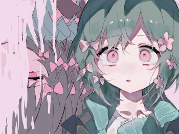 Rule 34 | 1girl, aqua jacket, backpack, bag, black bag, bow, collarbone, commentary request, flower, green hair, hair bow, hair flower, hair ornament, hand on own chest, highres, iyowa girls, jacket, kurari-chan (iyowa), kyu-kurarin (cevio), looking at viewer, open clothes, open jacket, open mouth, pink bow, pink eyes, pink flower, pink trim, recurring image, sakanaya (toretate fish), shirt, short hair, sweat, upper body, white shirt, wide-eyed