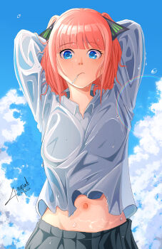 1girl absurdres alternate_costume aongumz arms_behind_head arms_up black_skirt blue_eyes blunt_bangs butterfly_hair_ornament closed_mouth collared_shirt commentary dated day english_commentary go-toubun_no_hanayome hair_ornament highres lens_flare lollipop_in_mouth looking_at_viewer nakano_nino pleated_skirt red_hair shirt signature skirt sky solo two_side_up upper_body wet wet_clothes wet_shirt white_shirt