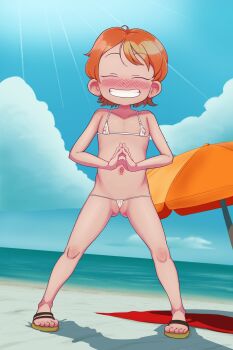 1girl aged_down beach bikini blush brown_sandals closed_eyes collarbone covered_erect_nipples dot_nose female_focus flat_chest full_body grin loli micro_bikini nami_(one_piece) navel ocean one_piece orange_hair own_hands_together poethewondercat sand sandals short_hair smile solo swimsuit teeth variant_set water