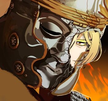Rule 34 | 1girl, armor, aurelian (centurii-chan), blonde hair, centurii-chan, centurii-chan (character), colored eyelashes, covered face, cracked kawaii mask, expressionless, fire, gradient background, hair between eyes, helmet, highres, latin commentary, looking at viewer, mask, medium hair, original, pale skin, red eyes, roman armor