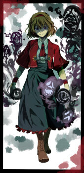 1girl alice_margatroid alternate_color ascot black_skirt boots brown_boots capelet eyes_in_shadow full_body hairband looking_at_viewer m.u.g.e.n miasma momongaso open_hand physalis_(mugen) red_capelet red_hairband shirt short_hair skirt skull smile solo touhou walking whisp white_background white_shirt wristband