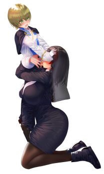 1boy 1girl age_difference black_hair blonde_hair breasts cleavage fellatio hetero highres hug_and_suck huge_breasts hugging_fellatio large_breasts nun older_female_and_younger_male onee-shota oral original pantyhose sex shota simple_background size_difference umeazuki