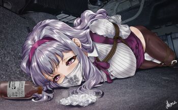 Rule 34 | 1girl, bdsm, bondage, bottle, bound, bound arms, bound legs, bound thighs, breasts, brown pantyhose, car trunk, chloroform, cloth gag, commentary, detached sleeves, drawfagmona, english commentary, gag, gagged, grey hair, hairband, highres, hitachi magic wand, idolmaster, idolmaster (classic), improvised gag, in trunk, kidnapped, large breasts, long hair, lying, no pants, over the nose gag, pantyhose, purple eyes, purple hairband, rope, sex toy, shijou takane, solo, variant set, vibrator