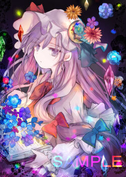 1girl blue_bow blue_flower book bow bowtie closed_mouth commentary_request crescent crescent_hat_ornament crystal dress flower flower_request hair_bow hat hat_ornament holding holding_book kazu_(muchuukai) long_hair long_sleeves looking_at_viewer mob_cap open_book patchouli_knowledge pink_dress pink_hat purple_eyes purple_flower purple_hair red_bow red_bowtie red_flower sample_watermark solo touhou watermark yellow_flower