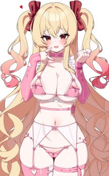 1girl absurdres areola_slip azalea_(hiyono) belt bikini blonde_hair bow breast_zipper breasts choker cleavage clothing_cutout commission cowboy_shot crotch_zipper detached_sleeves frilled_bikini frilled_sleeves frills garter_belt gradient_hair hair_bow halterneck hands_up heart heart_cutout heart_o-ring highres jewelry large_breasts long_hair long_sleeves looking_at_viewer multicolored_hair multiple_rings navel o-ring o-ring_bikini open_mouth original partially_visible_vulva pink_bikini pink_choker pink_hair pink_thighhighs red_eyes ring single_thighhigh smile solo stomach string_bikini swimsuit thigh_gap thigh_strap thighhighs thighs two_side_up very_long_hair w.k