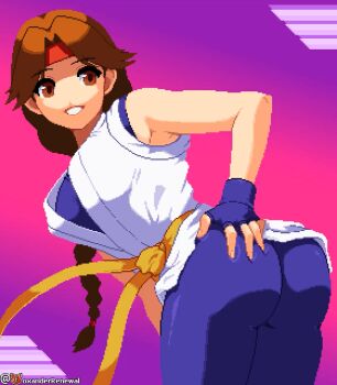 1girl ass bouncing_ass braid braided_ponytail breasts clothes_lift foxander foxanderart foxanderrenewal from_behind grabbing_own_ass huge_ass huge_breasts large_breasts leggings pale_skin pants ponytail skirt skirt_lift smile smiley_face spandex the_king_of_fighters tight_clothes tight_pants upskirt yoga_pants yuri_sakazaki