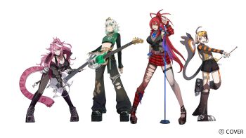 4girls ahoge animal_ears arm_warmers asymmetrical_legwear azuzatori bass_guitar bilingual_commentary black_boots black_collar black_gloves black_jacket black_pants black_shoes black_shorts black_sleeves black_sports_bra black_vest blonde_hair blue_fire blue_hair boots breasts brown_hair cecilia_immergreen chattino_(raora_panthera) collar colored_inner_hair commentary copyright_name cropped_shirt denim double-parted_bangs drumsticks electric_guitar elizabeth_rose_bloodflame english_commentary fire fire_on_chest fishnet_top fishnets flat_chest full_body gigi_murin gloves gradient_hair green_eyes green_hair green_shirt grey_hair guitar hair_between_eyes hair_ornament heart heart_necklace highres holding holding_drumsticks holojustice hololive hololive_english huge_ahoge instrument jacket jeans jewelry kneehighs large_breasts leaning_forward legs_apart long_hair looking_at_viewer microphone_stand miniskirt mixed-language_commentary multicolored_hair multiple_girls necklace official_art panther_ears panther_girl panther_tail pants pink_eyes pink_hair plaid_arm_warmers plaid_clothes plaid_skirt plaid_socks platform_boots platform_shoes ponytail raglan_sleeves raora_panthera red_arm_warmers red_hair red_skirt red_socks see-through_cleavage see-through_clothes shirt shoes short_hair short_shorts shorts sidelocks simple_background single_arm_warmer single_kneehigh single_leg_pantyhose single_sock single_thighhigh skirt socks spiked_collar spiked_hair spikes sports_bra standing standing_on_one_leg striped_sleeves tail thighhighs torn_clothes torn_pants torn_thighhighs two-tone_hair uneven_legwear very_long_hair vest virtual_youtuber white_background white_streaks winding_key yellow_eyes