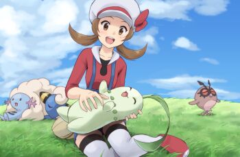 1girl bag blue_overalls bow brown_hair chikorita cloud commentary_request day gen_2_pokemon grass hat hat_bow hoothoot long_hair lyra_(pokemon) mareep nintendo on_lap outdoors overalls pokemon pokemon_(creature) pokemon_hgss pokemon_on_lap red_bow red_shirt red_shoes shirt shizupu shoes sky thighhighs three-quarter_sleeves twintails wooper