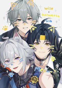 3boys :d ahoge animal_ear_fluff animal_ears asaba_harumasa badge black_choker black_gloves black_hair black_shirt black_sweater blue_jacket blush cat_ears character_name choker closed_mouth collarbone collared_shirt commentary_request crossed_bangs drawn_ears drawn_whiskers fang fang_out gloves green_eyes grey_background grey_hair hair_between_eyes hair_intakes hand_up headband highres jacket looking_at_viewer male_focus multiple_boys nya_inuha open_mouth parted_bangs parted_lips paw_print police_badge purple_eyes scar scar_on_shoulder seth_lowell shirt short_hair sidelocks simple_background skin_fang sleeveless sleeveless_sweater smile sparkle sweater turtleneck turtleneck_sweater upper_body v white_hair white_shirt wise_(zenless_zone_zero) yellow_eyes yellow_headband zenless_zone_zero zipper zipper_pull_tab