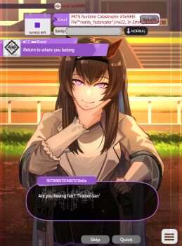 1girl absurdres animal_ears arknights black_hairband brown_hair closed_mouth english_text fake_animal_ears hairband hand_on_own_hip highres horse_ears jacket long_hair long_sleeves looking_at_viewer open_clothes open_jacket pose_imitation priestess_(arknights) purple_eyes saturdaylight shirt smile solo umamusume user_interface white_jacket white_shirt