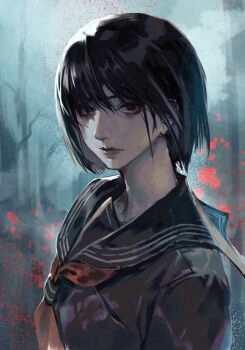 1girl black_hair black_sailor_collar black_serafuku black_shirt closed_mouth expressionless hungry_clicker looking_at_viewer neckerchief red_neckerchief sailor_collar school_uniform serafuku shimizu_hinako shirt short_hair silent_hill_(series) silent_hill_f solo upper_body