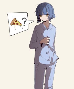 1girl ? absurdres blue_hair blue_pajamas blue_pants blue_shirt bocchi_the_rock! collared_shirt commentary cup disposable_coffee_cup disposable_cup english_commentary food hair_ornament hairclip highres holding holding_cup machuuu68 medium_hair pajamas pants pizza pizza_slice shirt simple_background yamada_ryo yellow_eyes