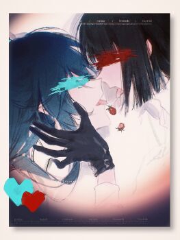 1boy 1girl black_gloves black_hair bob_cut censored censored_identity collared_shirt gloves heart hetero highres hong_lu_(project_moon) limbus_company open_mouth project_moon ryoshu_(project_moon) saliva saliva_trail shirt short_hair taoer. tongue tongue_out upper_body white_shirt