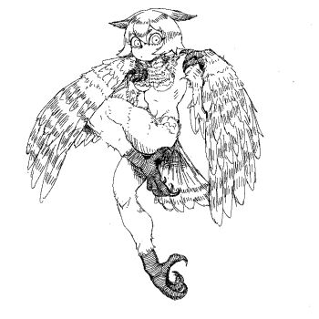 1girl bird_legs bird_tail breasts chemical_sala_d claws commentary_request feathered_wings hair_between_eyes harpy looking_at_viewer medium_breasts monochrome monster_girl original short_hair simple_background solo tail talons underboob winged_arms wings