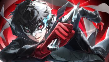 1boy amamiya_ren black_coat black_hair buttoned_cuffs buttons coat commentary eye_mask gloves highres holding holding_knife holding_weapon joker_(persona_5) knife long_sleeves looking_at_viewer male_focus mask mirotonuri mystical_high_collar open_mouth parted_hair persona persona_5 phantom_thief red_eyes red_gloves short_hair sleeve_cuffs smile solo symbol-only_commentary upper_body weapon