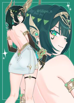 1girl ;) armlet black_gloves bracelet commentary_request elbow_gloves facial_mark from_behind genshin_impact gloves green_background green_eyes green_hair highres jewelry lilipon looking_at_viewer looking_back miniskirt multiple_views nefer_(genshin_impact) one_eye_closed short_hair skirt smile standing thigh_strap topless_female white_skirt