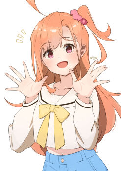 1girl absurdres ahoge artist_name blue_shorts blush commentary hair_ornament hair_scrunchie hands_up highres ikizulive!_love_live!_bluebird long_hair long_sleeves looking_at_viewer love_live! midriff navel neck_ribbon open_mouth orange_hair red_eyes red_scrunchie ribbon sailor_collar scrunchie shirt shorts side_ponytail smile solo stevia_01492 takahashi_polka white_background white_sailor_collar white_shirt yellow_ribbon