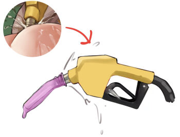 1girl anal anal_object_insertion arrow_(symbol) ass commentary condom english_commentary gas_pump gas_pump_nozzle gasoline grey_background object_insertion original sawkm suggestive_fluid used_condom what white_background