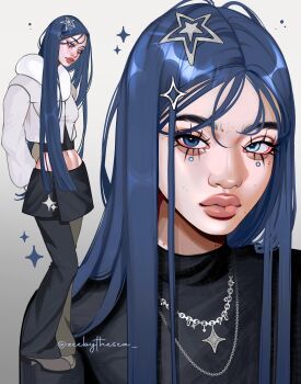 1girl absurdres aegyo_sal arms_behind_back asian bell-bottoms black_pants black_shirt blue_eyes blue_hair boots brown_boots chain chain_necklace closed_mouth cropped_jacket cropped_shirt eyelashes fashion forehead four-pointed_star full_body fur_jacket gradient_background grey_background hair_ornament hair_over_breasts heterochromia highres jacket jewelry long_hair long_sleeves looking_at_viewer looking_down mole mole_on_cheek mole_on_forehead mole_on_neck mole_under_each_eye mole_under_eye multiple_moles multiple_views necklace original pants pants_under_skirt parted_bangs portrait shirt standing star_(symbol) star_hair_ornament straight_hair streetwear thick_eyebrows thick_lips turtleneck twitter_username two-tone_background umi_(zeebythesea) white_background white_jacket zeebythesea