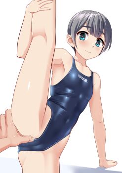 1girl 1other absurdres black_one-piece_swimsuit blue_eyes cameltoe clothes_writing commentary_request competition_swimsuit covered_navel flat_chest grey_hair highleg highleg_one-piece_swimsuit highres kneepits one-piece_swimsuit original short_hair simple_background split standing standing_on_one_leg standing_split swimsuit takafumi variant_set white_background