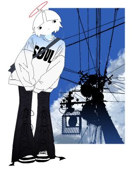 Rule 34 | 1girl, absurdres, ahoge, angel, black pants, black ribbon, blue sky, border, chewchewer, closed mouth, cloud, collarbone, commentary, detached ahoge, detached sleeves, full body, halo, highres, long shirt, looking to the side, microsoft paint (medium), nyan (chewchewer), original, pants, power lines, print shirt, red halo, ribbon, shirt, shoes, sky, standing, symbol-only commentary, utility pole, white border