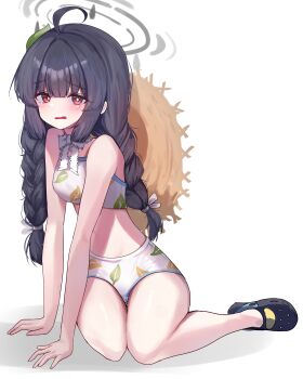 1girl absurdres ahoge bikini blue_archive braid crocs ddd_(cydv3424) full_body grey_halo halo hat hat_on_back highres leaf leaf_on_head leaf_print long_hair looking_at_viewer low_twintails miyu_(blue_archive) miyu_(swimsuit)_(blue_archive) official_alternate_costume print_bikini straw_hat swimsuit tears twin_braids twintails white_background white_bikini