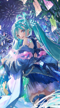 Rule 34 | 1girl, :d, aqua eyes, aqua hair, bamboo, bare shoulders, blue eyes, blue hair, blue skirt, blue thighhighs, blush, braid, chain, commentary request, cowboy shot, daidou (demitasse), fireworks, from behind, hair ornament, hair rings, hatsune miku, highres, holding, jacket, long hair, long sleeves, looking at viewer, looking back, magical mirai (vocaloid), magical mirai miku, magical mirai miku (2025), night, off shoulder, open mouth, outdoors, shoulder tattoo, skirt, sky, smile, solo, tanabata, tanzaku, tattoo, thigh strap, thighhighs, twintails, very long hair, vocaloid