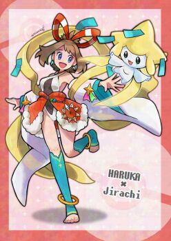 1girl brown_hair gen_3_pokemon highres himeshiro_(himeno_46) jirachi legendary_pokemon leotard may_(pokemon) mythical_pokemon nintendo pokemon pokemon_oras