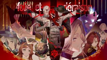 3boys 6+girls absurdres aleph_(reverse:1999) bandaged_hand bandages behind_another black_boots black_cape black_gloves black_hat black_mask black_shorts blue_eyes boater_hat boots brown_hair bug cape checkered_hairband choker closed_mouth covered_eyes cross_tie crown_of_thorns dice dores_(reverse:1999) feet_out_of_frame french_text gloves green_choker green_eyes green_hat grey_eyes grey_hair hair_ornament hair_over_one_eye hairband hand_on_another's_cheek hand_on_another's_face hat hat_feather highres holding holding_paper insect jacket long_hair looking_to_the_side merlin_(reverse:1999) moth ms._grace_(reverse:1999) multiple_boys multiple_girls newsboy_cap one_eye_covered orange_hair outstretched_arms pants pantyhose paper polyhedral_dice recoleta_(reverse:1999) red_background red_gloves red_hair reverse:1999 shenqi_a_hao shirt short_hair shorts sitting sonetto_(reverse:1999) sophia_(manus_vindictae)_(reverse:1999) sophia_(reverse:1999) spread_arms sword the_idealist_(reverse:1999) thorns two_side_up typewriter upper_body urd_(reverse:1999) vertin_(reverse:1999) weapon white_jacket white_pants white_pantyhose white_shirt