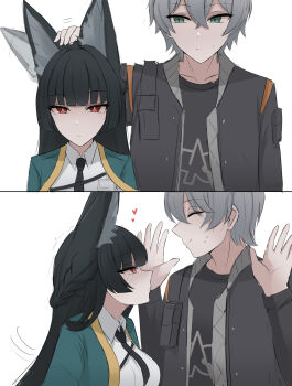 1boy 1girl animal_ears black_hair black_necktie black_shirt blush breasts closed_eyes coat fox_ears fox_girl green_coat green_eyes grey_hair headpat heart highres hoshimi_miyabi large_breasts male_focus namikare necktie nervous_sweating open_clothes open_coat red_eyes shirt sweat wise_(zenless_zone_zero) zenless_zone_zero