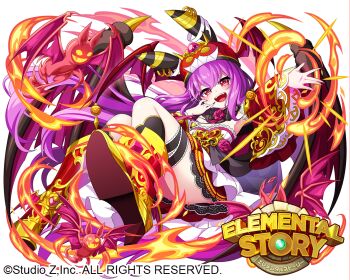 Rule 34 | 1girl, bat (animal), bat wings, boots, commentary request, copyright name, edamame senpai, elemental story, fangs, fire, full body, hat, long hair, looking at viewer, official art, open mouth, outstretched arm, purple hair, purple nails, red boots, red eyes, solo, vampire princess mora, wings