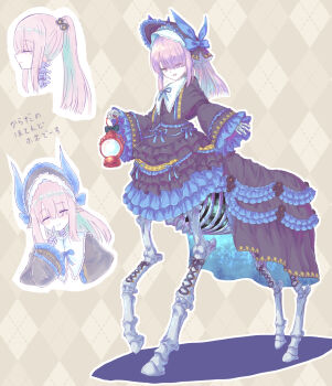 1girl argyle_background black_bonnet black_dress blue_bow blue_ribbon blunt_bangs bonnet bow brown_hair centaur chinese_zodiac closed_eyes closed_mouth commentary_request dress eyes_visible_through_hair frilled_dress frilled_sleeves frills full_body gothic_lolita hair_over_eyes highres holding holding_lantern hooves izuchi_nanchi lantern lolita_fashion long_hair monster_girl multiple_legs open_mouth original ponytail ribbon shadow sidelocks skeletal_arm skeletal_hand smile solo standing standing_on_three_legs taur translation_request year_of_the_horse