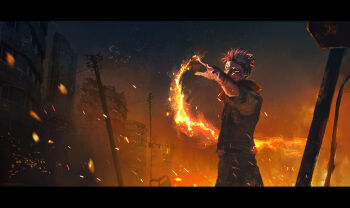 fire greybookman highres jujutsu_kaisen pink_hair road_sign ryoumen_sukuna_(jujutsu_kaisen) sign stop_sign